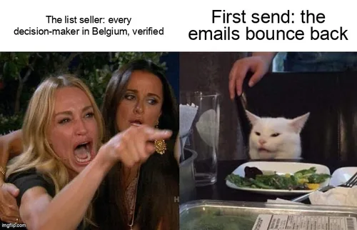 Woman yelling at cat meme: the list seller promises every verified decision-maker in Belgium, the cat answers that the emails bounced back on the first send.