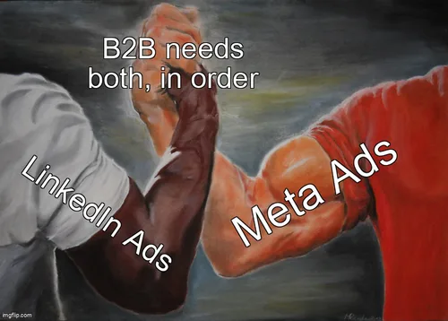 Epic handshake meme: LinkedIn Ads and Meta Ads agree that B2B needs both, in order.