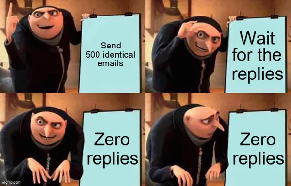 Gru's plan meme: send 500 identical emails, wait for the replies, zero replies, zero replies.