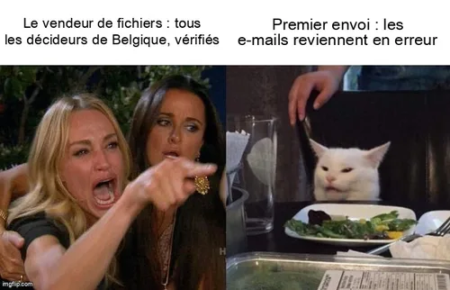 Mème de la femme qui crie sur le chat : le vendeur de fichiers promet tous les décideurs de Belgique vérifiés, le chat répond que les e-mails reviennent en erreur au premier envoi.