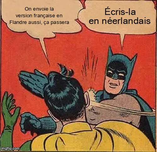 Mème de Batman qui gifle Robin : Robin propose d'envoyer l'email français en Flandre aussi, Batman le coupe : écris-le en néerlandais.