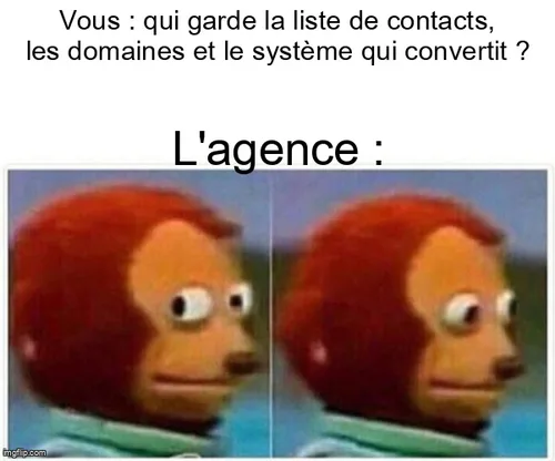 Mème de la marionnette qui détourne le regard : vous demandez qui garde la liste de contacts, les domaines et le système qui convertit, l'agence regarde ailleurs.