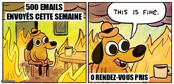 Meme This is fine : 500 emails envoyés cette semaine, 0 rendez-vous pris.